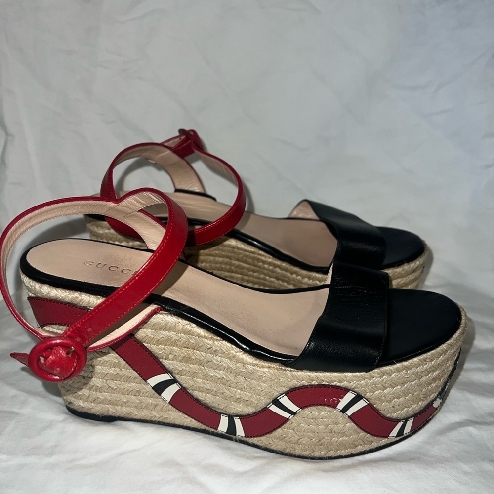 Gucci Black Leather and Red Snake-Accent Wedge Espadrilles - Picture 2 of 8